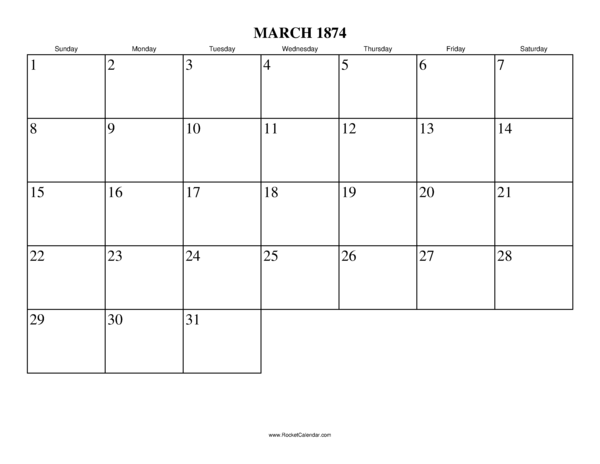 March 1874 Calendar