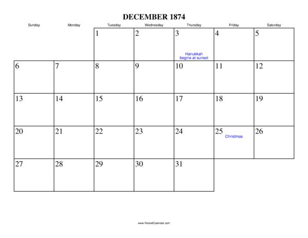 December 1874 Calendar