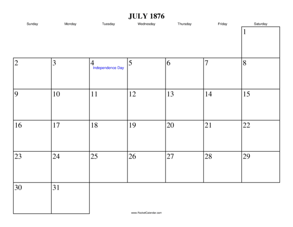 July 1876 Calendar