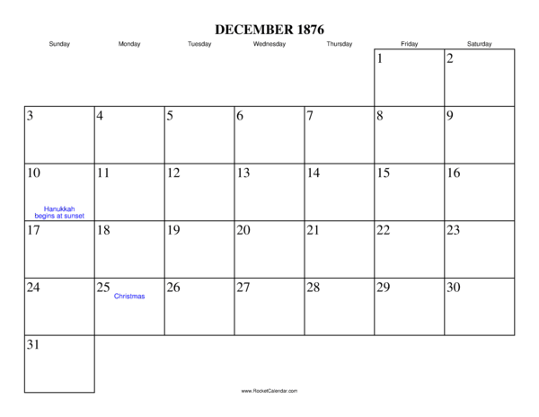 December 1876 Calendar