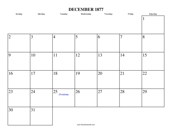 December 1877 Calendar