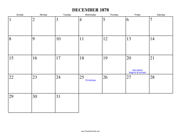 December 1878 Calendar