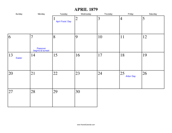 April 1879 Calendar