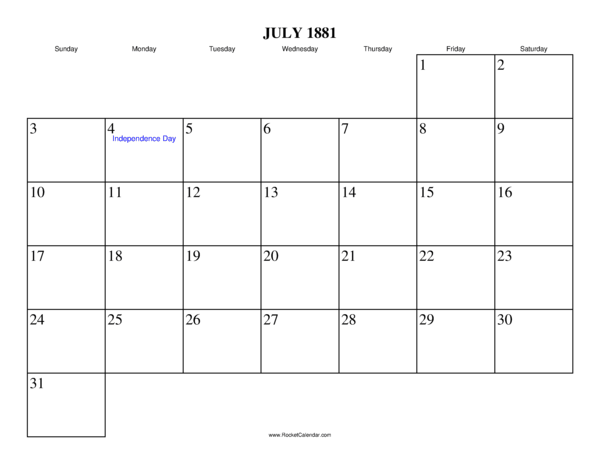 July 1881 Calendar