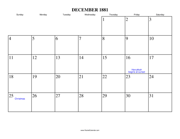 December 1881 Calendar