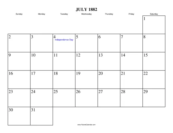 July 1882 Calendar