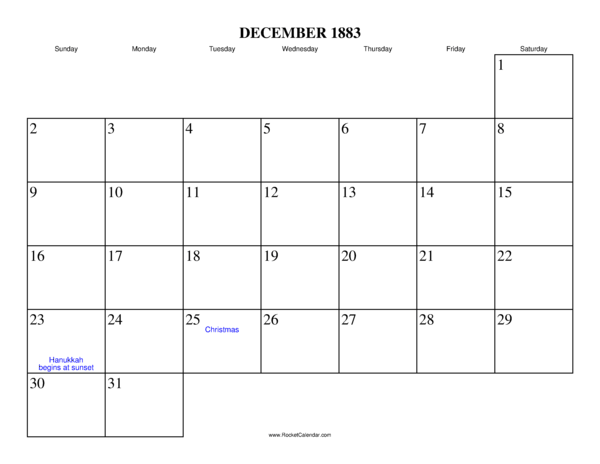 December 1883 Calendar