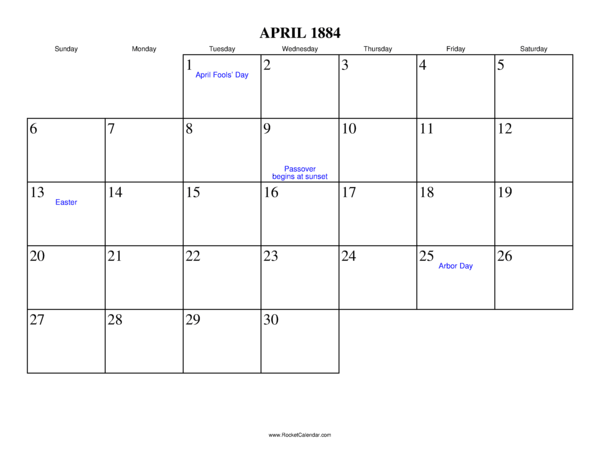 April 1884 Calendar