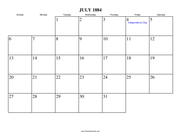 July 1884 Calendar