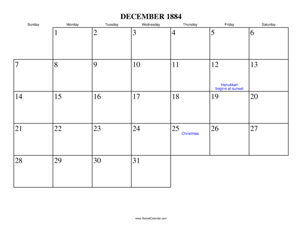 December 1884 Calendar