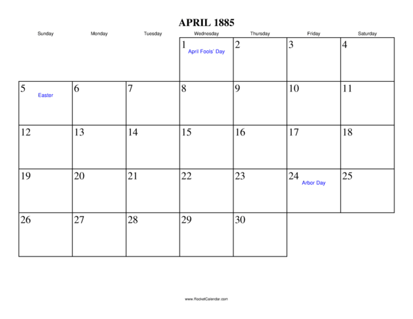 April 1885 Calendar