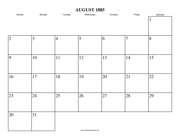 August 1885 Calendar