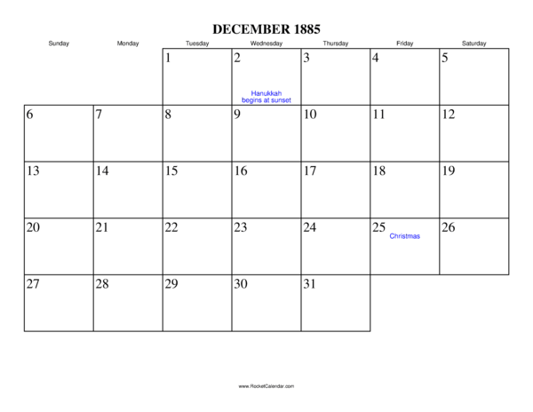 December 1885 Calendar