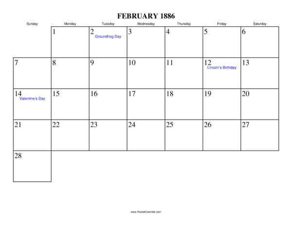 February 1886 Calendar