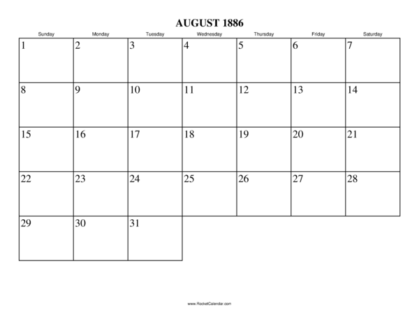 August 1886 Calendar