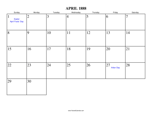 April 1888 Calendar