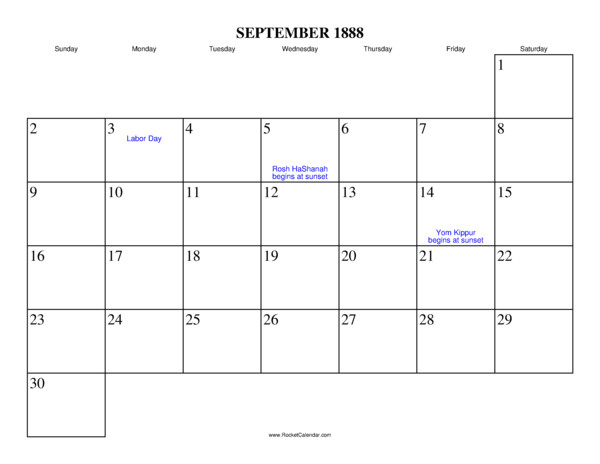 September 1888 Calendar