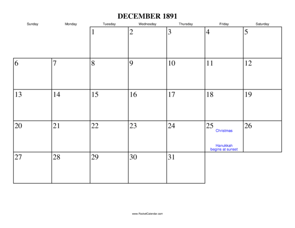 December 1891 Calendar