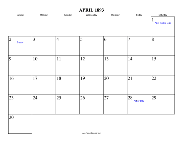 April 1893 Calendar