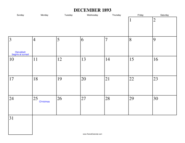 December 1893 Calendar