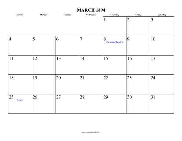 March 1894 Calendar