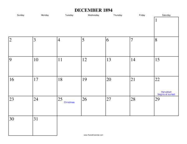 December 1894 Calendar