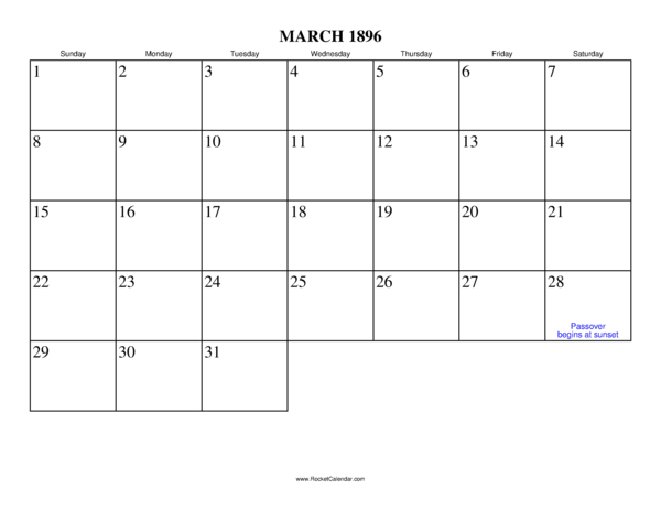 March 1896 Calendar