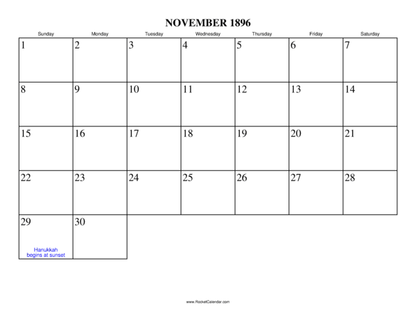 November 1896 Calendar