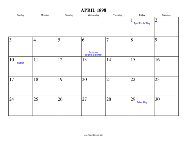 April 1898 Calendar