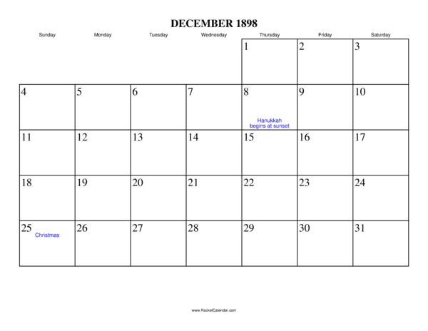 December 1898 Calendar