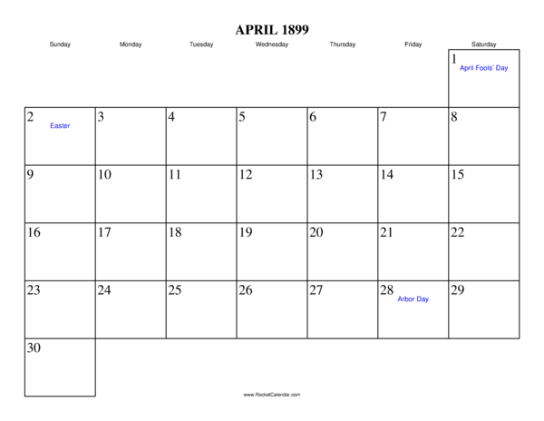 April 1899 Calendar