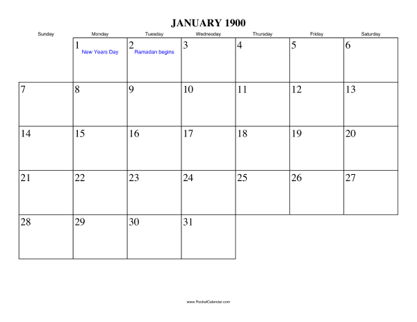 January 1900 Calendar