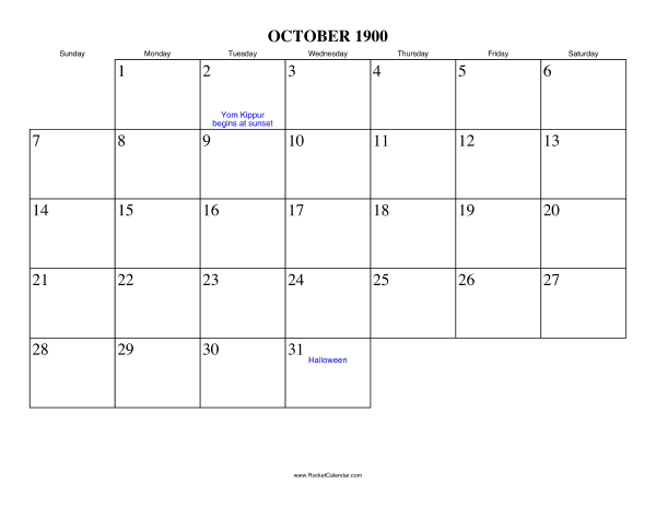 October 1900 Calendar