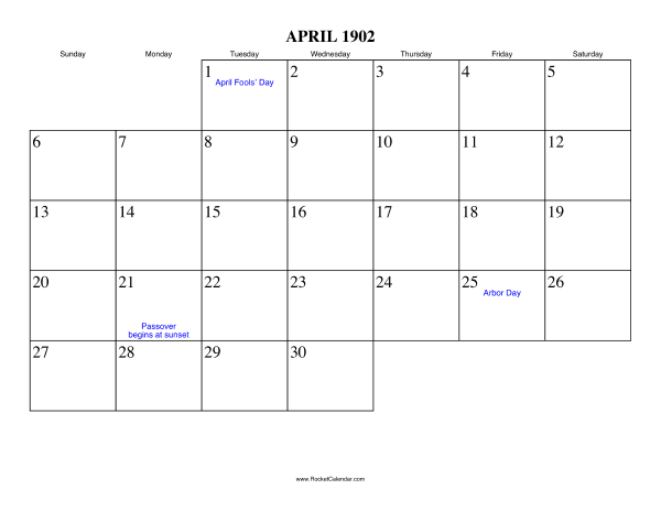 April 1902 Calendar