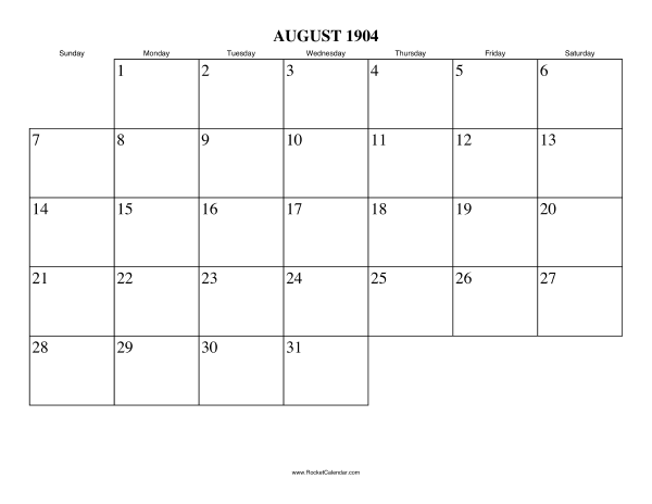 August 1904 Calendar