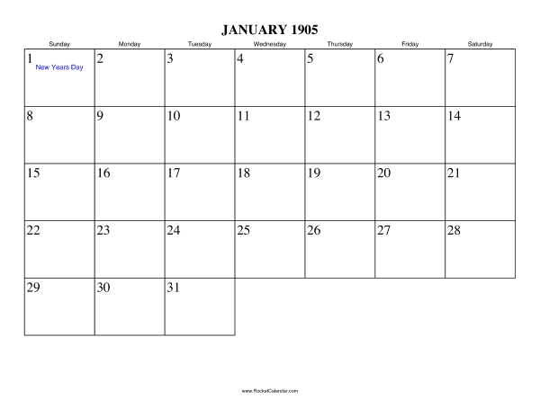 January 1905 Calendar