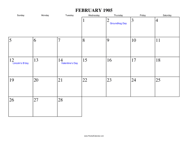 February 1905 Calendar