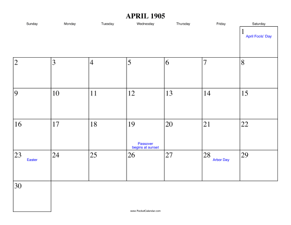 April 1905 Calendar