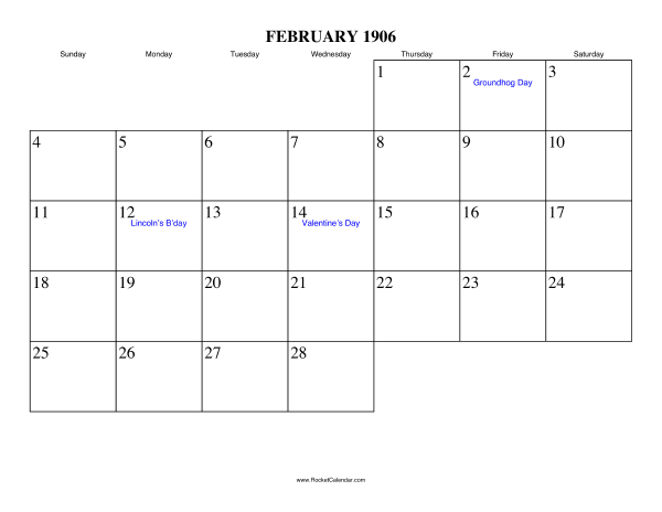 February 1906 Calendar