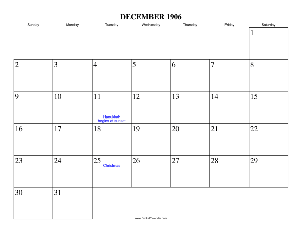 December 1906 Calendar