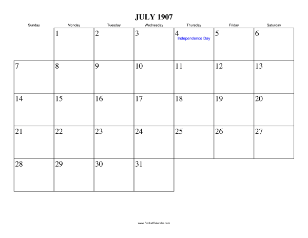 July 1907 Calendar