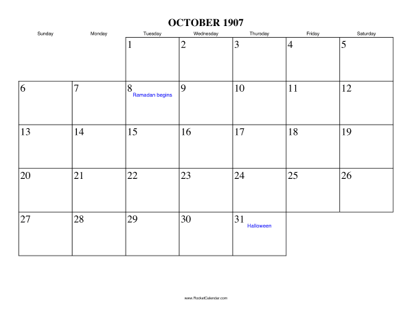 October 1907 Calendar