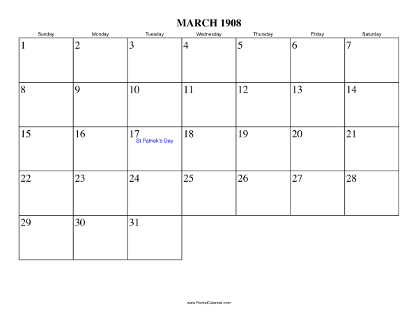 March 1908 Calendar