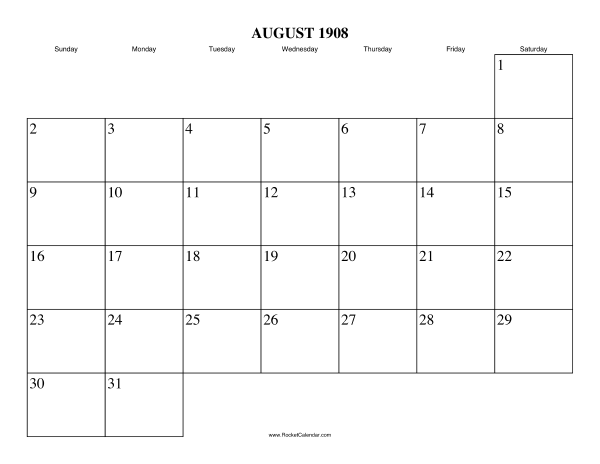 August 1908 Calendar