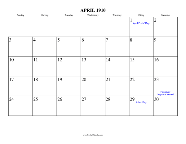 April 1910 Calendar