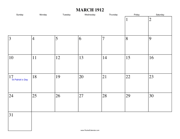 March 1912 Calendar