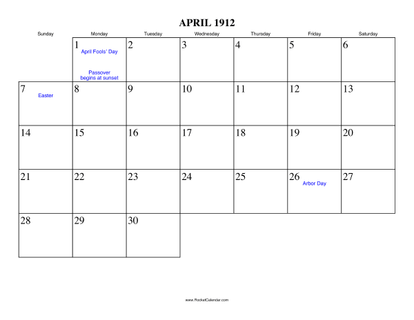 April 1912 Calendar