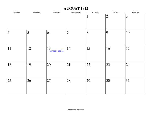 August 1912 Calendar