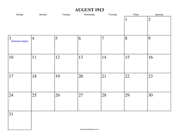 August 1913 Calendar