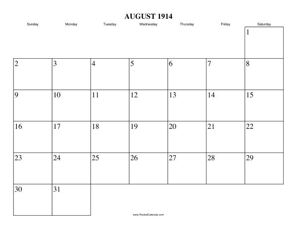 August 1914 Calendar